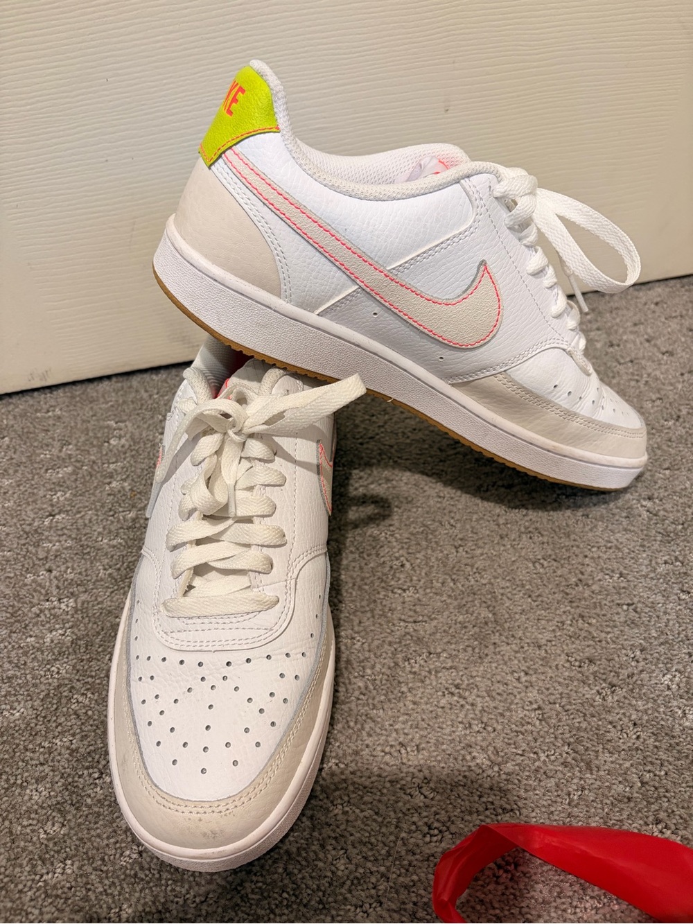 Nike Women’s White Sneakers with Pink Swoosh and Neon Yellow Heel